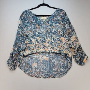 Maeve Blouse Womens Small Blue Orange Floral Tile Print High Low Boho Top